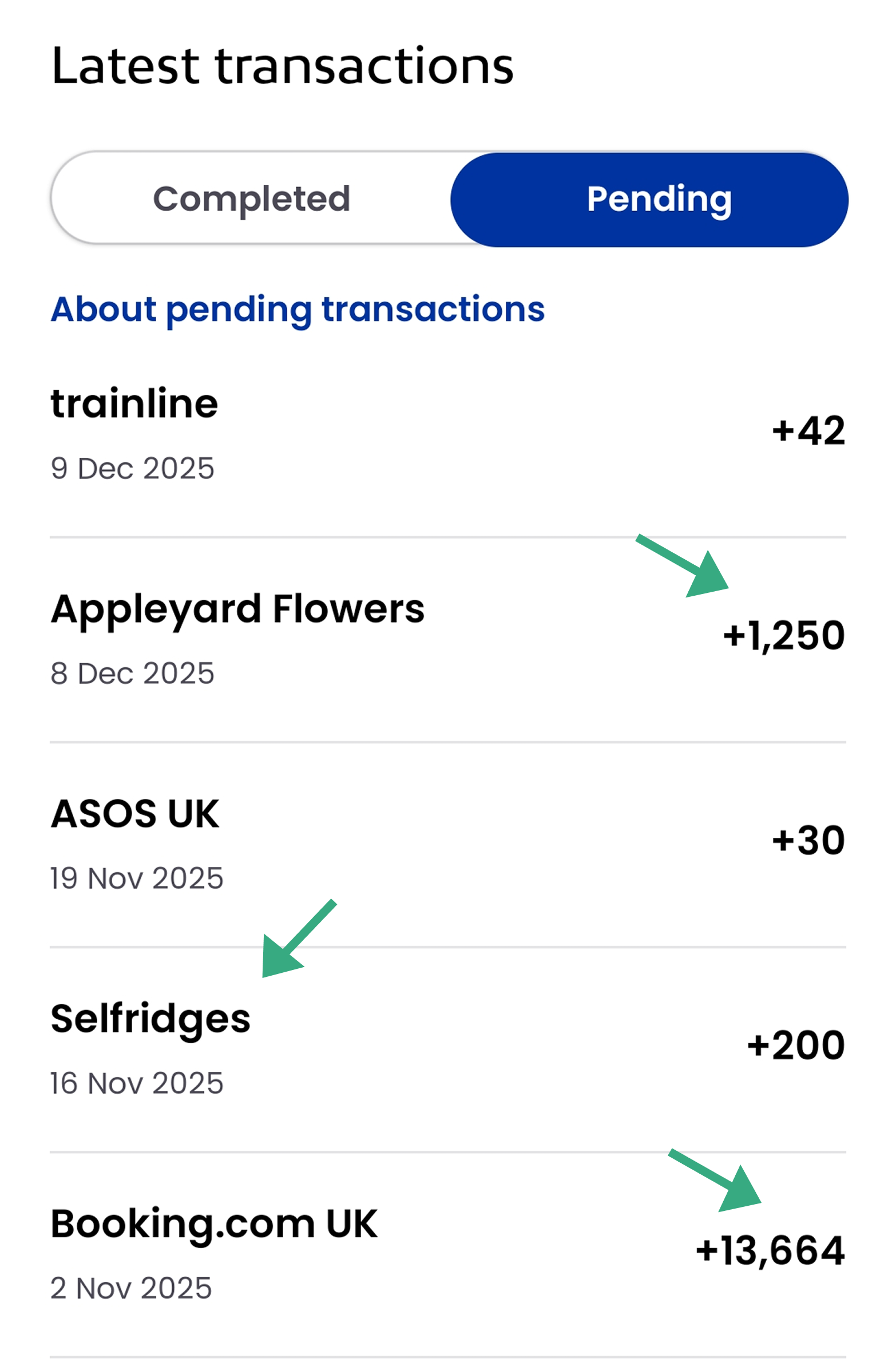 Pending points in a rewards account, including +13,664 from Booking.com UK